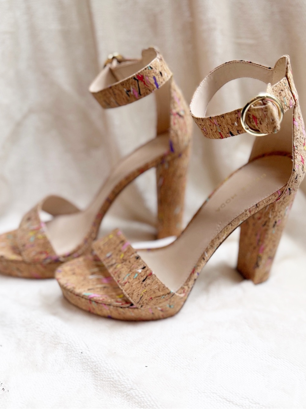 NWOT Cork Platform Ankle Strap Heels in Natural with Multicolor Speckle